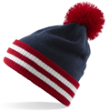 CUSTOM MANUFACTURED DIRECT TO YOU SOFT-TOUCH ACRYLIC 
								POM POM & STRIPE BAND CLUB BEANIES DECORATED WITH YOUR ARTWORK/LOGOS/TAB INC INNER WOVEN LABELS NAVY-RED-WHITE. ANY COLOURWAY.