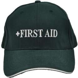 HEAVY BRUSHED COTTON BASEBALL FIRST AID CAP. BOTTLE GREEN TEXT WITH HI VIS SILVER SANDWICH PEAK & REAR VELCRO TAB.