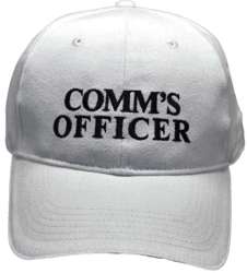 HEAVY BRUSHED COTTON BASEBALL WHITE COMMUNICATIONS OFFICER CAP. WHITE/BLACK TEXT WITH HI VIS SILVER SANDWICH PEAK & REAR VELCRO TAB.