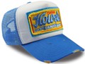 CUSTOM MAKE ACRYLIC TRUCKER HATS WITH GRUNGE EFFECTS AND FREYED DOUBLE FABRIC SEW-ON BADGE WITH 3D EMBROIDERY