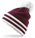 CUSTOM MANUFACTURED DIRECT TO YOU SOFT-TOUCH ACRYLIC 
								POM POM & STRIPE BAND CLUB BEANIES DECORATED WITH YOUR ARTWORK/LOGOS/TAB INC INNER WOVEN LABELS MAROON-WHITE. ANY COLOURWAY. 