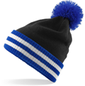 CUSTOM MANUFACTURED DIRECT TO YOU SOFT-TOUCH ACRYLIC 
								POM POM & STRIPE BAND CLUB BEANIES DECORATED WITH YOUR ARTWORK/LOGOS/TAB INC INNER WOVEN LABELS BLACK-ROYAL-WHITE. ANY COLOURWAY.