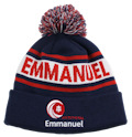 CUSTOM MAKE ROLL-UP OR LONGLINE ACRYLIC BEANIES. YES WE WILL HELP 
								YOU DESIGN AND CHOOSE COLOURS, SIMPLY EMAIL US YOUR LOGO/ARTWORK. THIS ONE WE DESIGNED & MANUFACTURED FOR EMMANUEL COLLEGE. COLOUR: 
								NAVY/WHITE/RED with PEPPER & SALT POM POM TYPE
