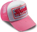 CUSTOM MAKE ACRYLIC SNAPBACK TRUCKER HATS WITH GRUNGE EFFECTS AND DOUBLE FREYED FABRIC SEW-ON BADGE WITH 3D EMBROIDERY